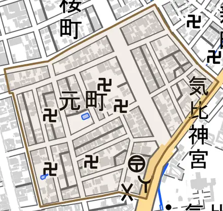 元町とその周辺の地図。町の範囲を重ねている