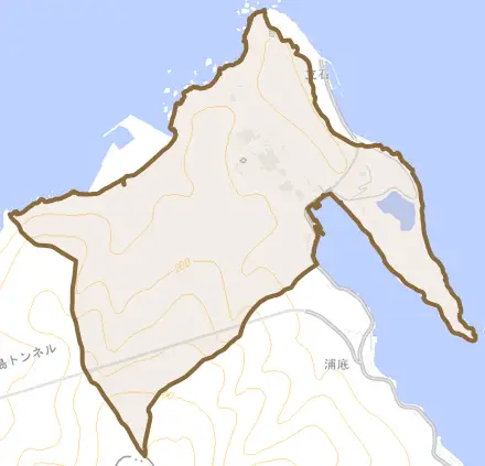 明神町とその周辺の地図。町の範囲を重ねている