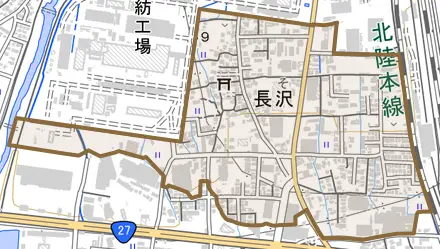 長沢とその周辺の地図。町の範囲を重ねている