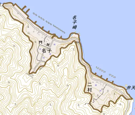 名子とその周辺の地図。町の範囲を重ねている