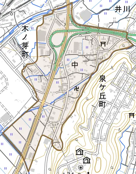 中とその周辺の地図。町の範囲を重ねている