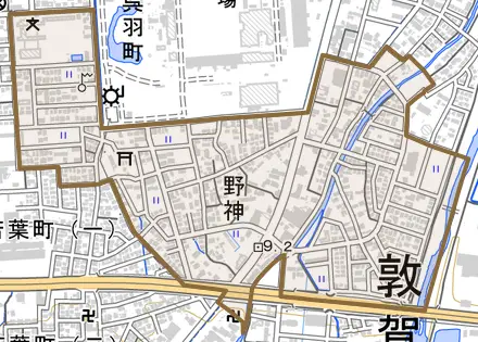 野神とその周辺の地図。町の範囲を重ねている