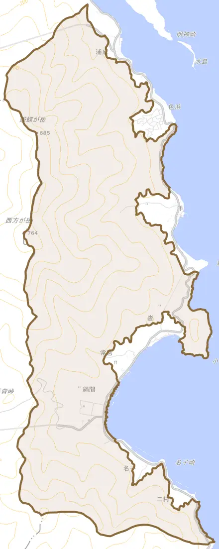 縄間とその周辺の地図。町の範囲を重ねている