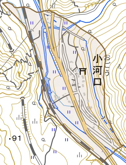 小河口とその周辺の地図。町の範囲を重ねている