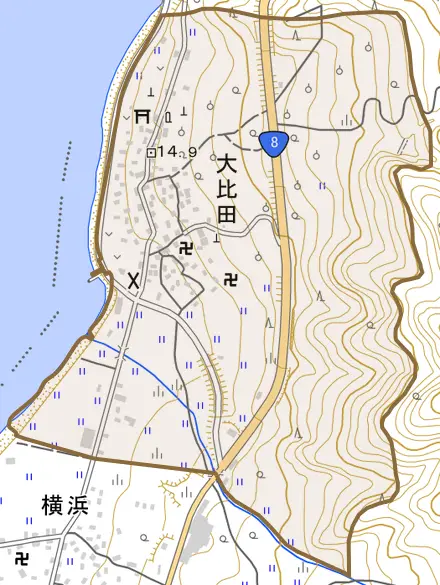 大比田とその周辺の地図。町の範囲を重ねている