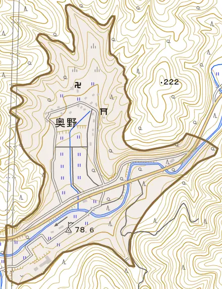 奥野とその周辺の地図。町の範囲を重ねている