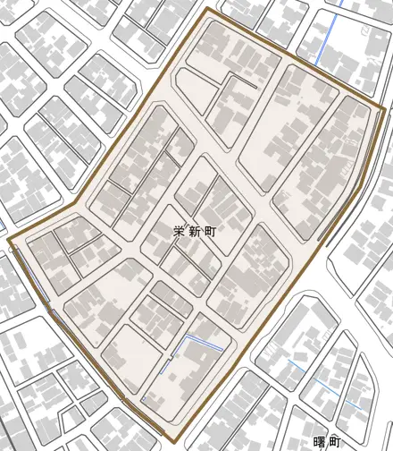 栄新町とその周辺の地図。町の範囲を重ねている