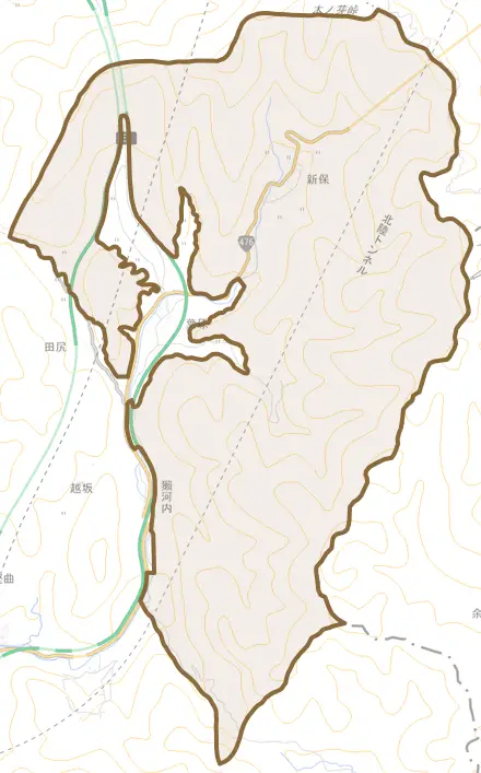 新保とその周辺の地図。町の範囲を重ねている