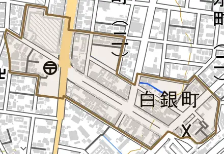 白銀町とその周辺の地図。町の範囲を重ねている