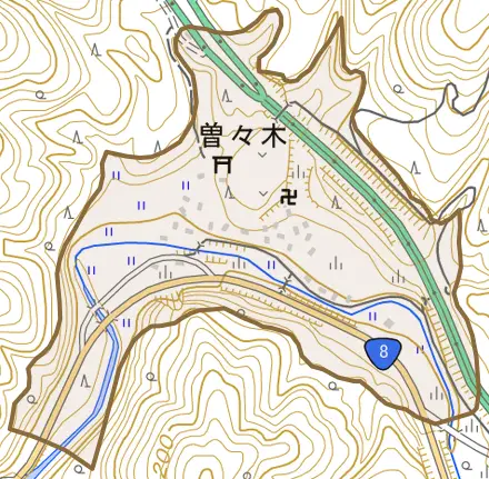 曽々木とその周辺の地図。町の範囲を重ねている