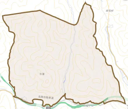 杉箸とその周辺の地図。町の範囲を重ねている