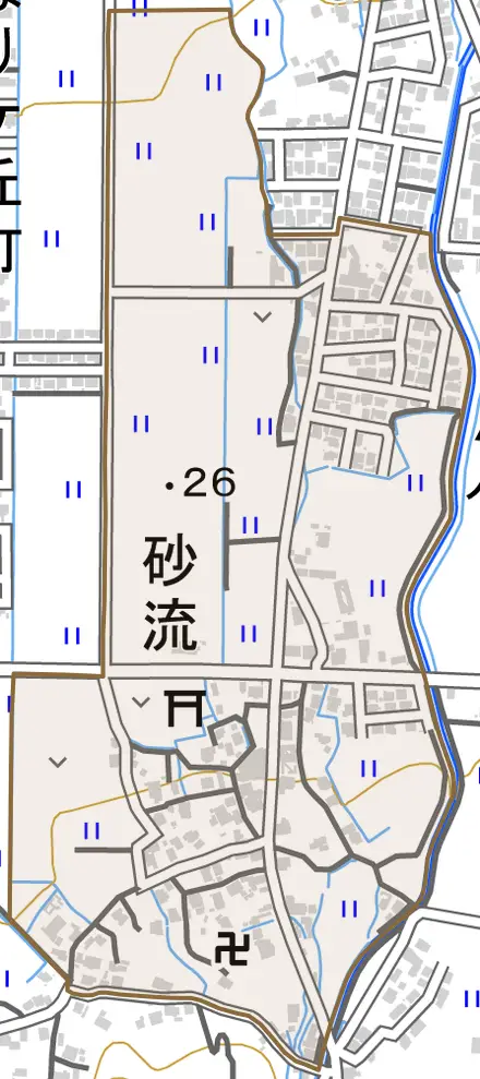 砂流とその周辺の地図。町の範囲を重ねている