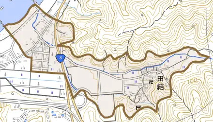 田結とその周辺の地図。町の範囲を重ねている