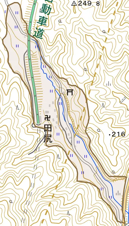 田尻とその周辺の地図。町の範囲を重ねている