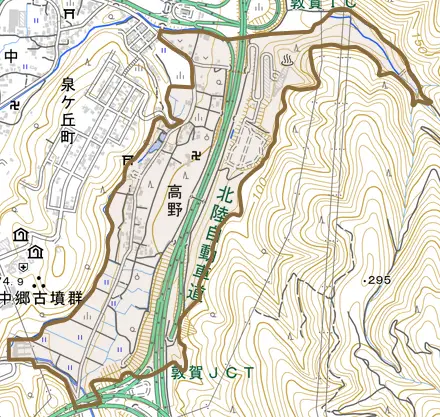 高野とその周辺の地図。町の範囲を重ねている