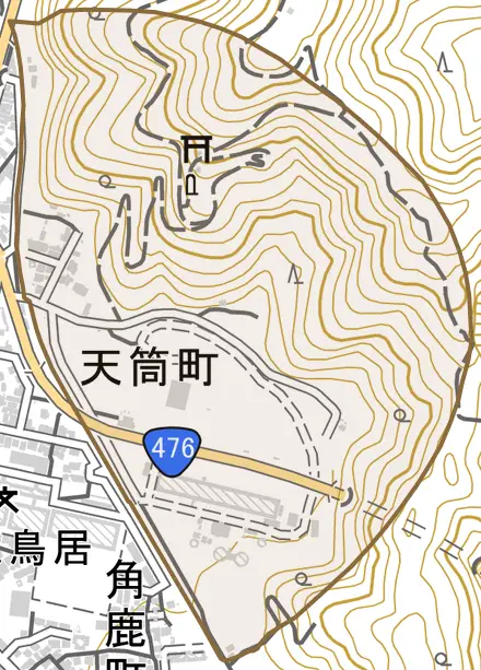 天筒町とその周辺の地図。町の範囲を重ねている