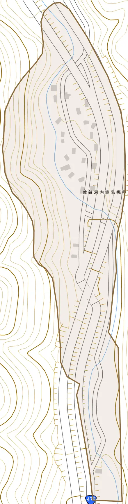 獺河内とその周辺の地図。町の範囲を重ねている