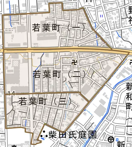 若葉町とその周辺の地図。町の範囲を重ねている