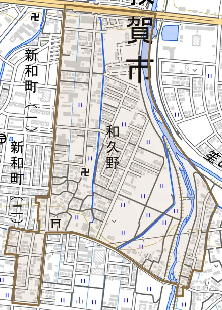 和久野とその周辺の地図。町の範囲を重ねている