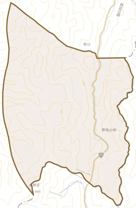 山中とその周辺の地図。町の範囲を重ねている