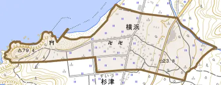 横浜とその周辺の地図。町の範囲を重ねている
