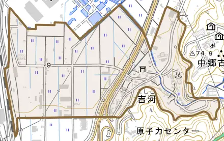 吉河とその周辺の地図。町の範囲を重ねている