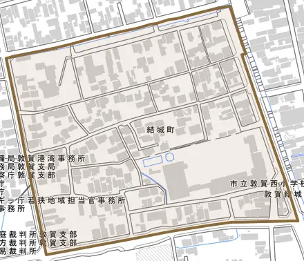 結城町とその周辺の地図。町の範囲を重ねている