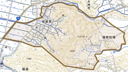 安賀里とその周辺の地図。町の範囲を重ねている
