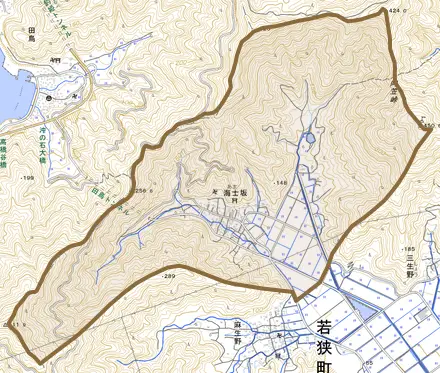 海士坂とその周辺の地図。町の範囲を重ねている
