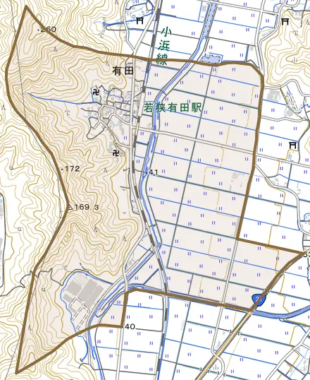 有田とその周辺の地図。町の範囲を重ねている