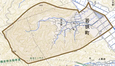 麻生野とその周辺の地図。町の範囲を重ねている