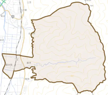 藤井とその周辺の地図。町の範囲を重ねている