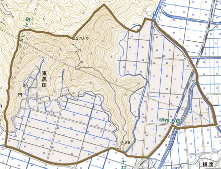 東黒田とその周辺の地図。町の範囲を重ねている