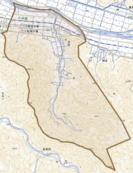 日笠とその周辺の地図。町の範囲を重ねている
