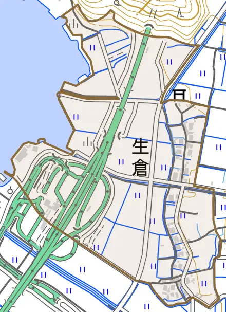 生倉とその周辺の地図。町の範囲を重ねている