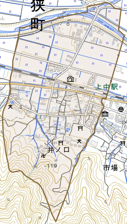 井ノ口とその周辺の地図。町の範囲を重ねている