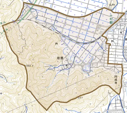 岩屋とその周辺の地図。町の範囲を重ねている