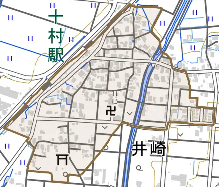 井崎とその周辺の地図。町の範囲を重ねている