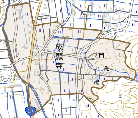 成願寺とその周辺の地図。町の範囲を重ねている