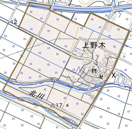 上野木とその周辺の地図。町の範囲を重ねている
