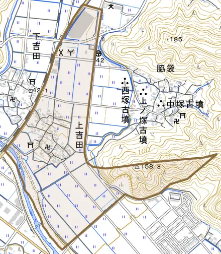 上吉田とその周辺の地図。町の範囲を重ねている