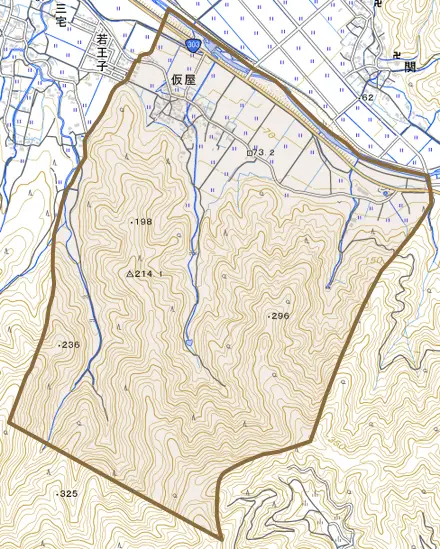 仮屋とその周辺の地図。町の範囲を重ねている