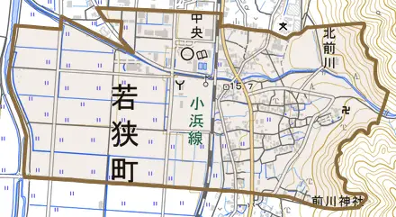 北前川とその周辺の地図。町の範囲を重ねている