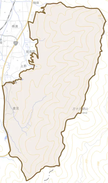 倉見とその周辺の地図。町の範囲を重ねている