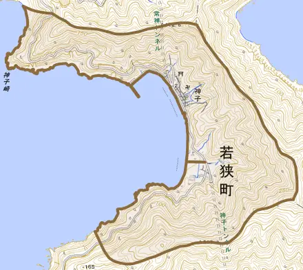 神子とその周辺の地図。町の範囲を重ねている