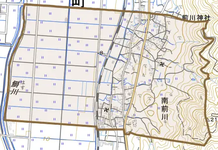 南前川とその周辺の地図。町の範囲を重ねている