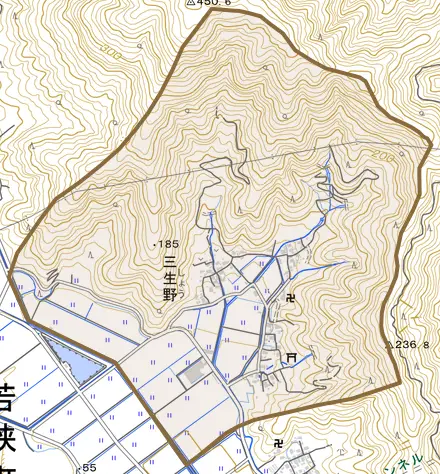 三生野とその周辺の地図。町の範囲を重ねている