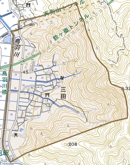三田とその周辺の地図。町の範囲を重ねている