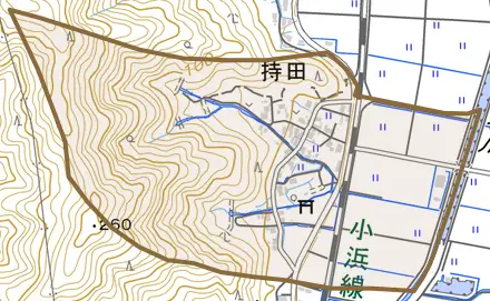 持田とその周辺の地図。町の範囲を重ねている