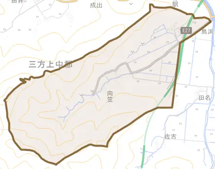 向笠とその周辺の地図。町の範囲を重ねている